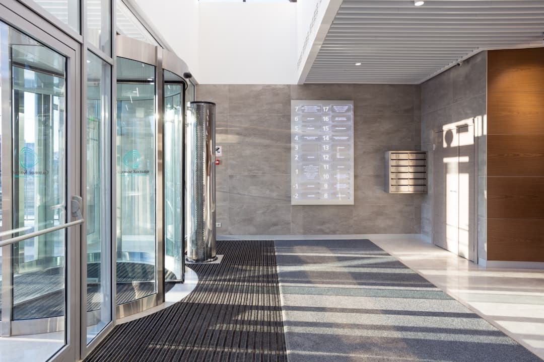 Bright tiled accessible building hallway