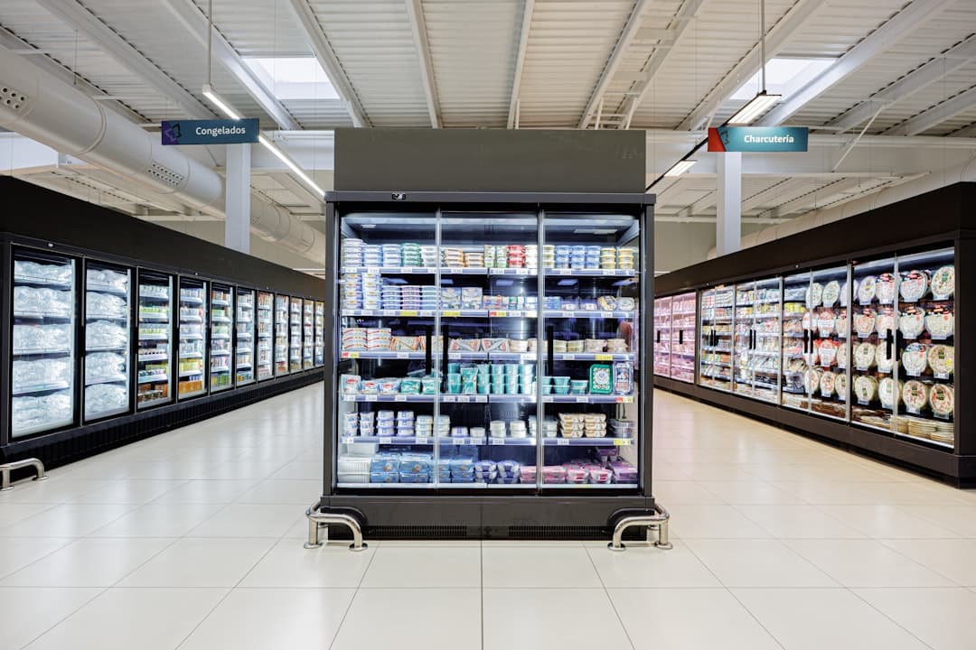 Refrigerated display cases inside a cold storage environment