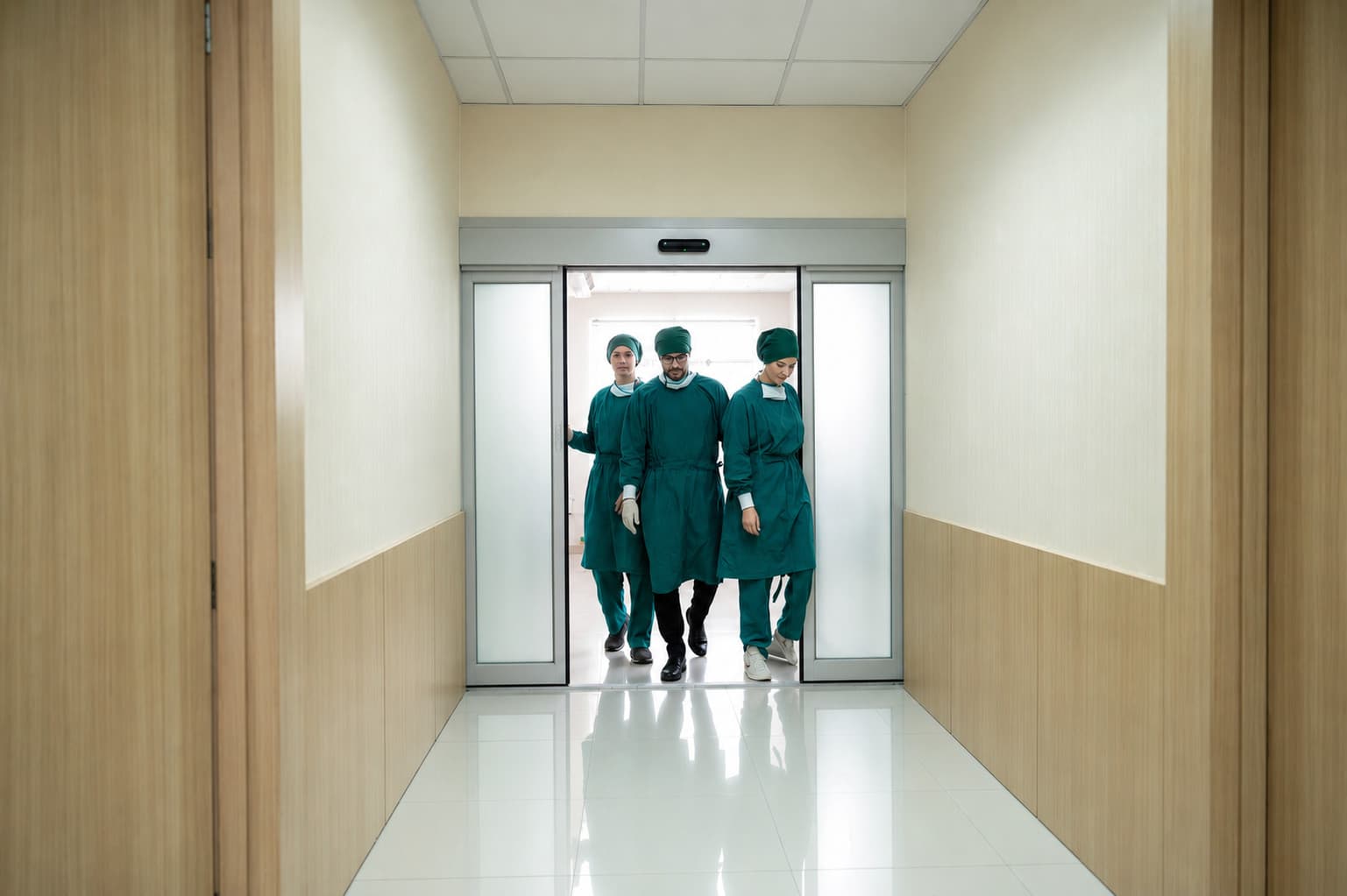 Surgical team walking through an automatic hermetic door