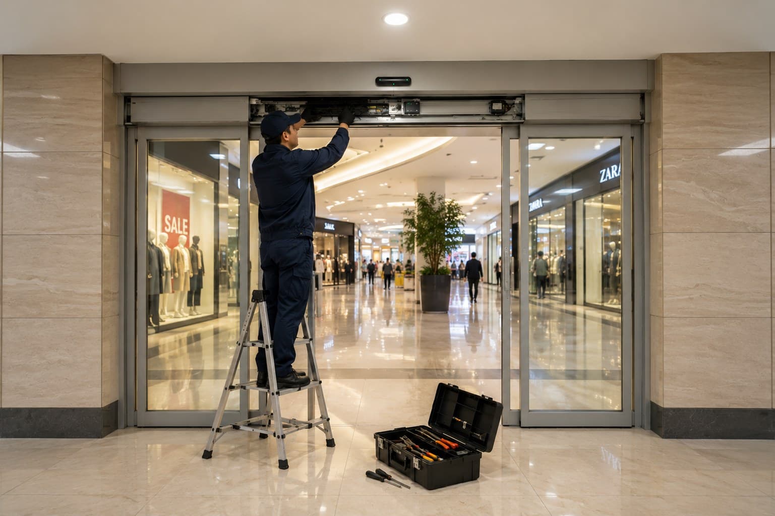 Technician servicing an automatic sliding door operator at a shopping mall entrance